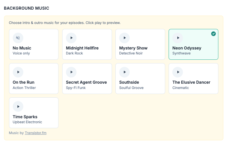 Music selection grid on the dashboard showing music options with preview buttons