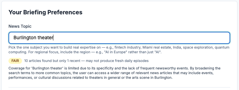 Topic validation showing Fair rating with alternative suggestions
