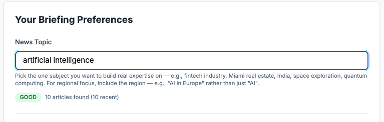 Topic input field showing a Good confidence rating with green indicator